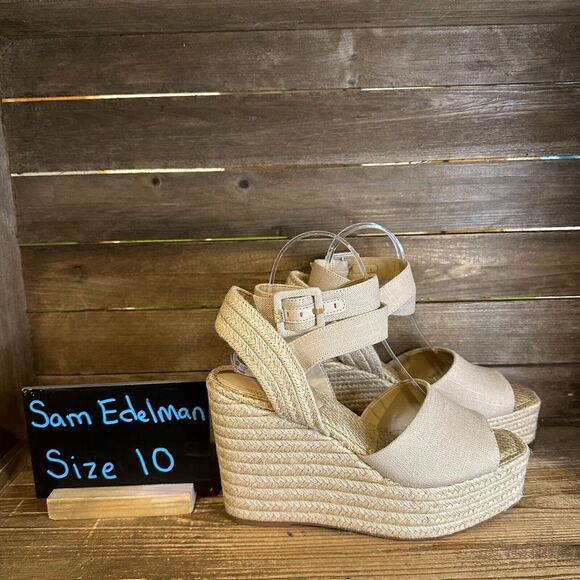 New NIB Womens Sam Edelman Vada Weave Beige Wedge Heeled Sandals Shoes Size 10 M - Picture 1 of 7